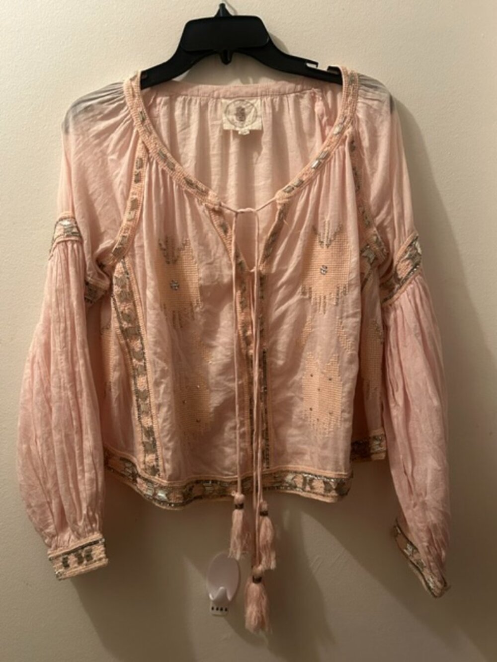 Muche & Muchette Pretty Blush Pink Embroidered Tie-Front Beaded Tassel Boho Top